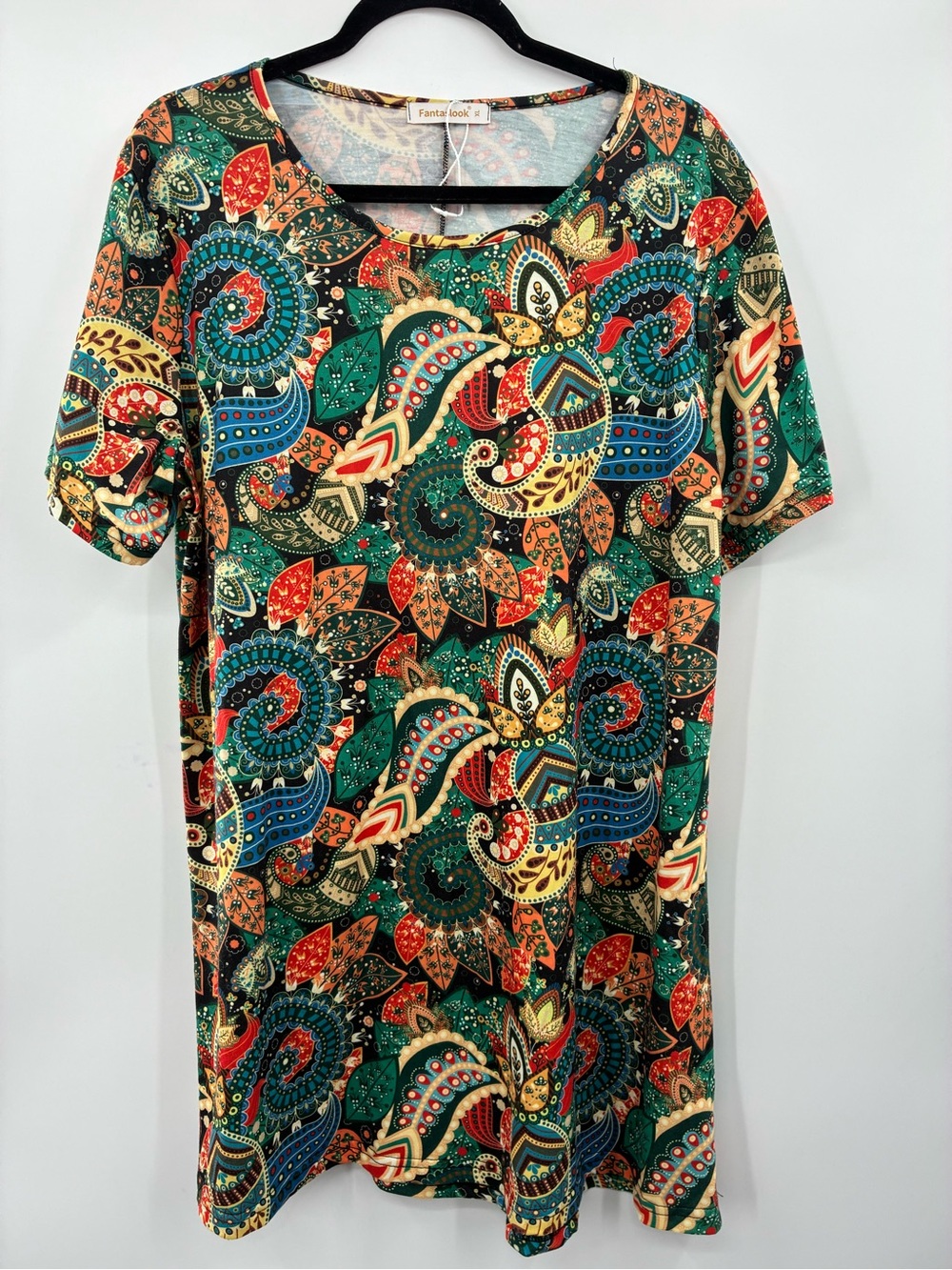 Fantaslook Women's Multicolor Paisley Short Sleeve Dress - Green size XL